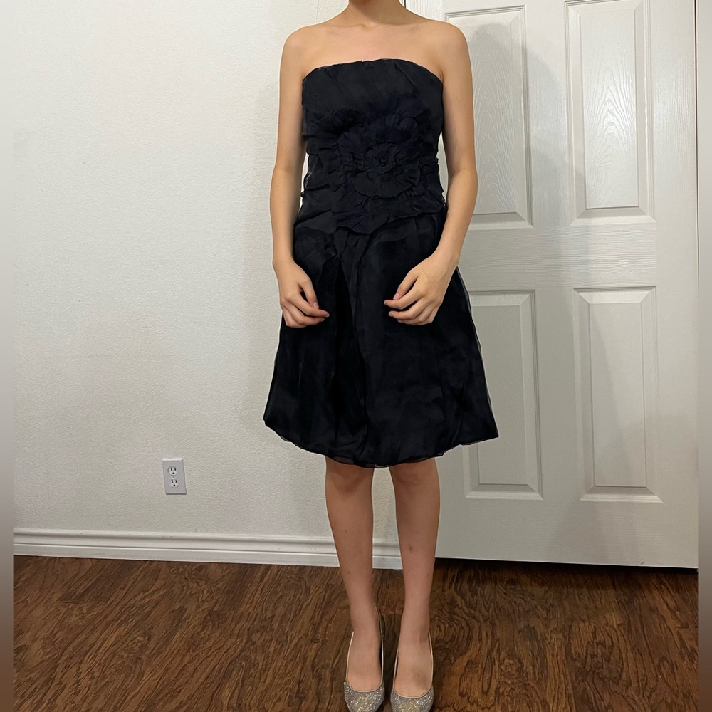 Hannah Jo Black Strapless Mini Dress with Ruffle and Flower Detailing Size M